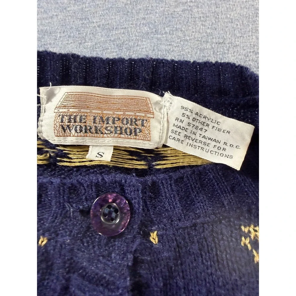 Vintage 80s The Import Workshop Bird Novelty Cardigan Sweater Navy Blue Small